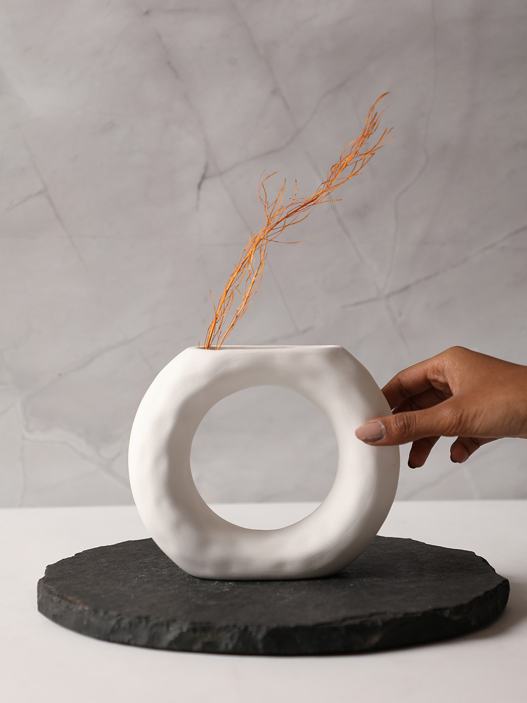 Bonhomie White Round Textured Ceramic Vase