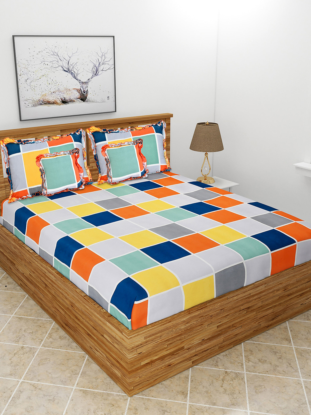 MORADO Blue & Orange Colored Printed Double Queen Bedding Set