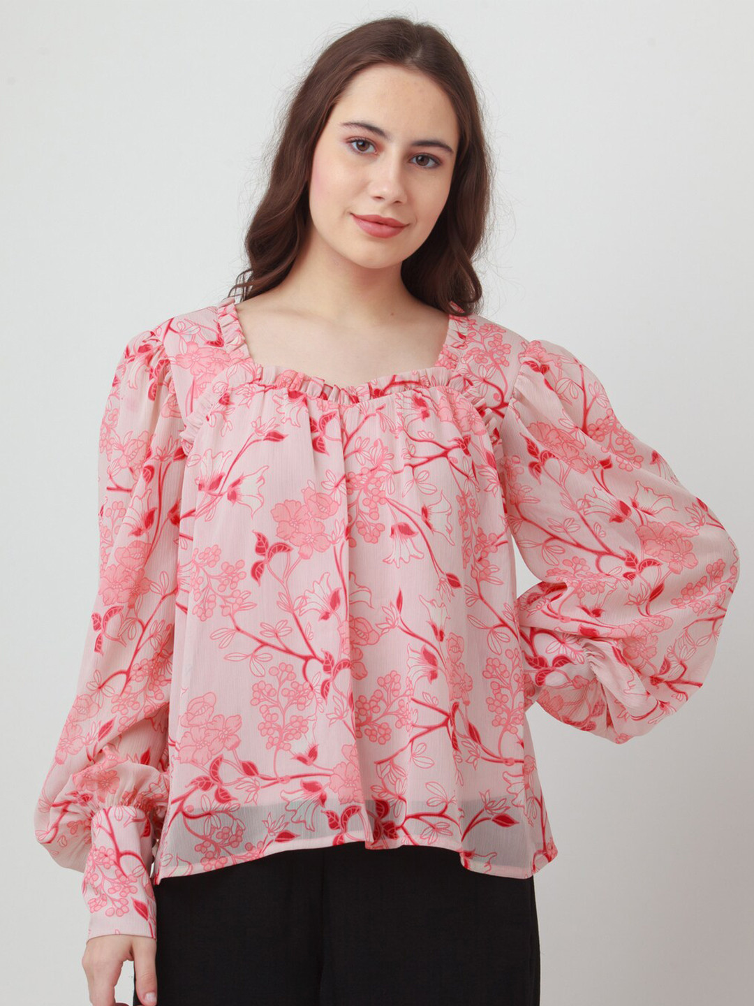 Zink London Pink & Red Floral Print Cuffed Sleeves Top