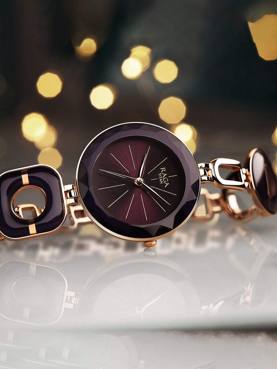 Titan Women Purple Brass Embellished Dial & Black Stainless Steel Bracelet Style Straps Analogue Watch 95198WM01