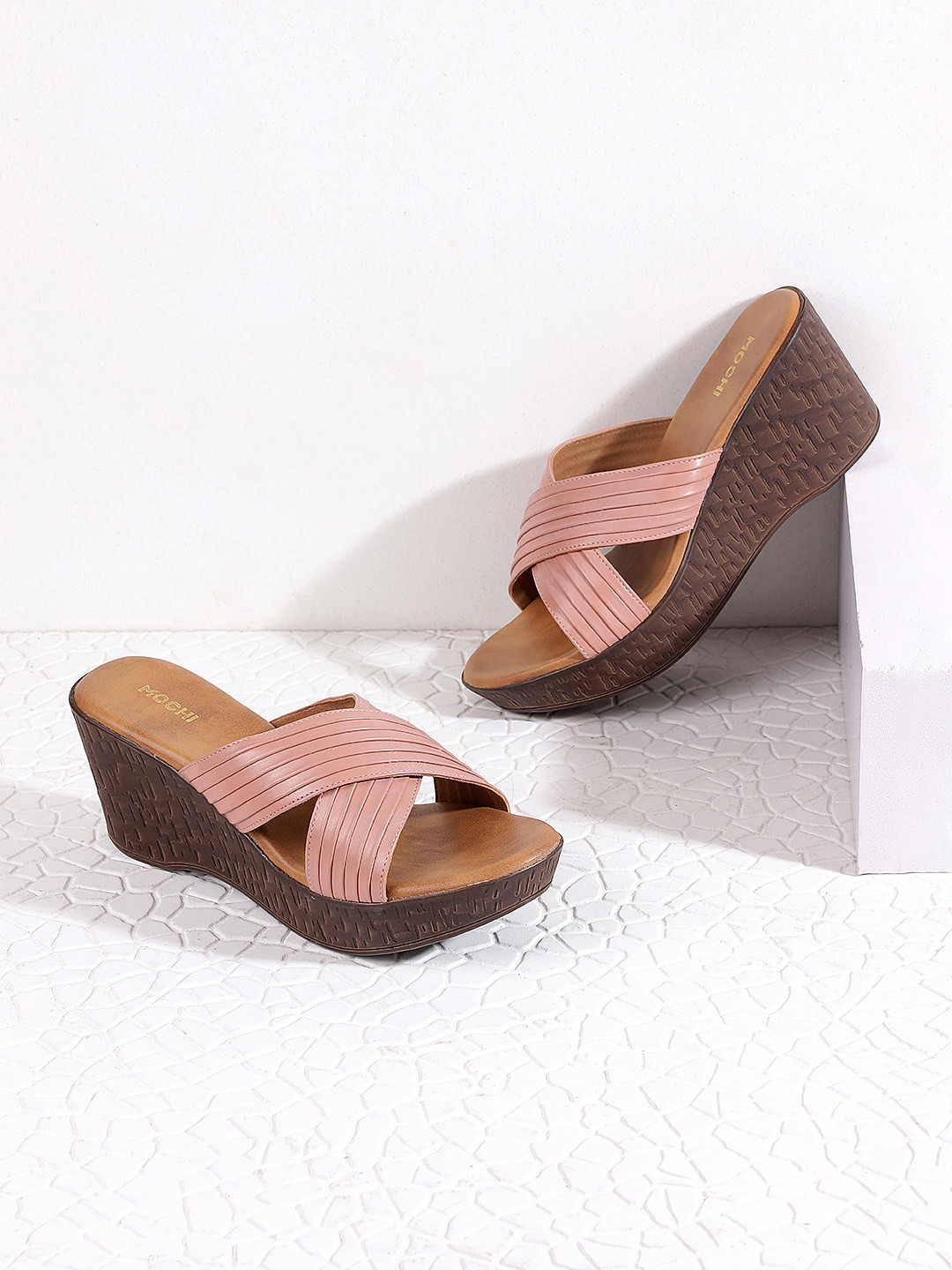 Mochi Womens Pink Cross Striped Wedge Heels