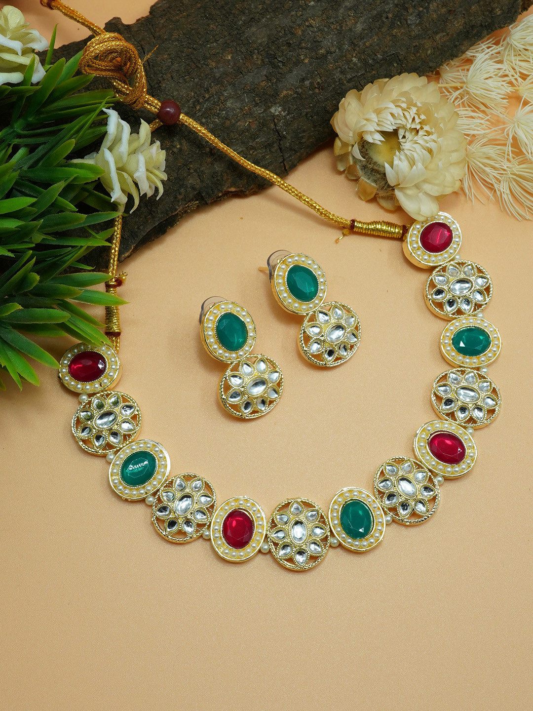 GRIIHAM Gold & Red AD Gold Plated Stones Studded Jewellery Set