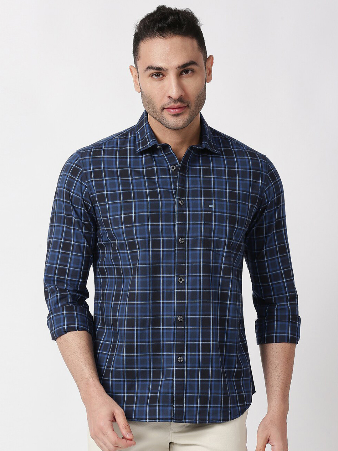 Basics Men Navy Blue & Black Checked Pure Cotton Casual Shirt