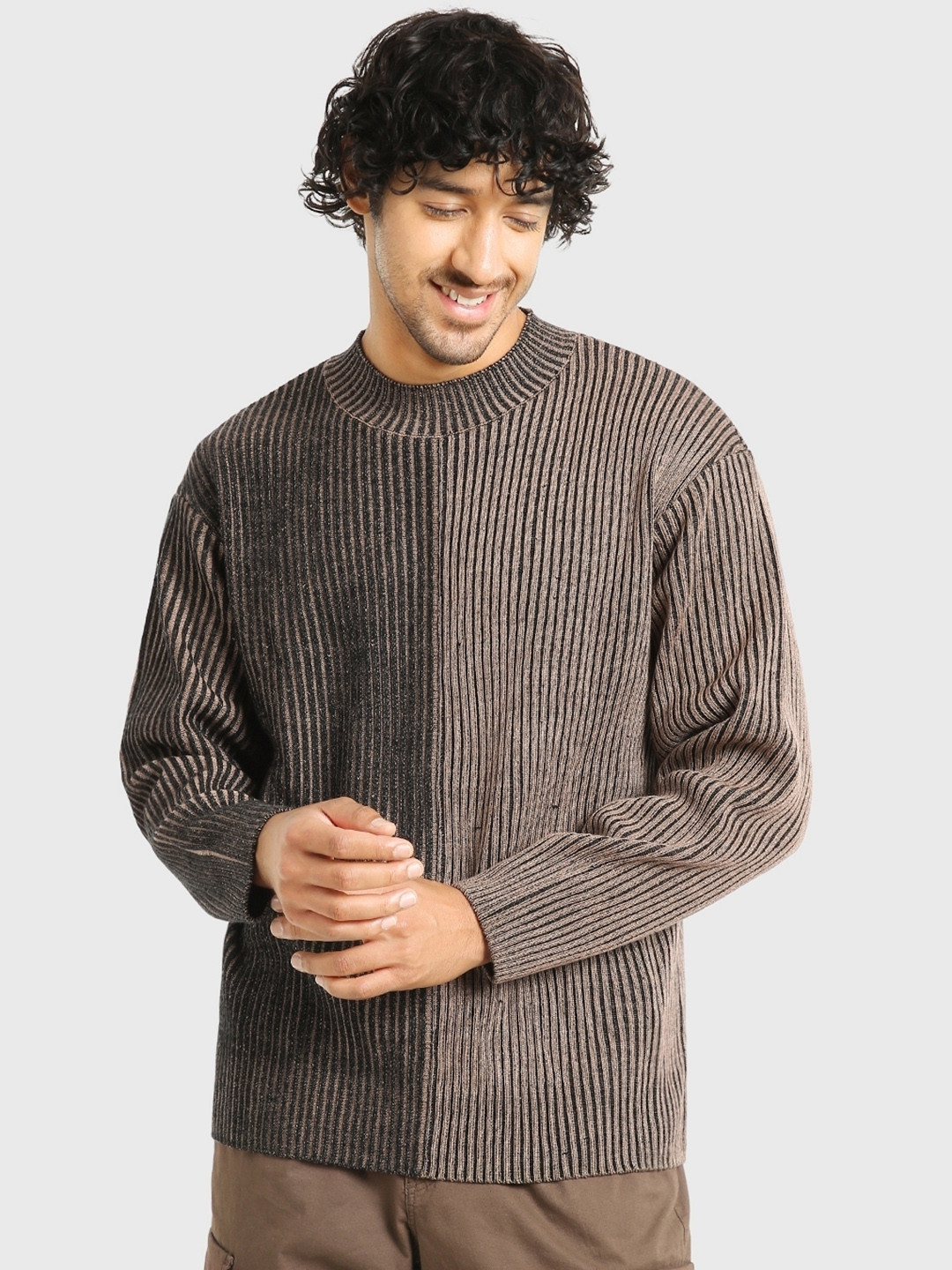 Bewakoof Men Brown Color Block Oversized Sweater