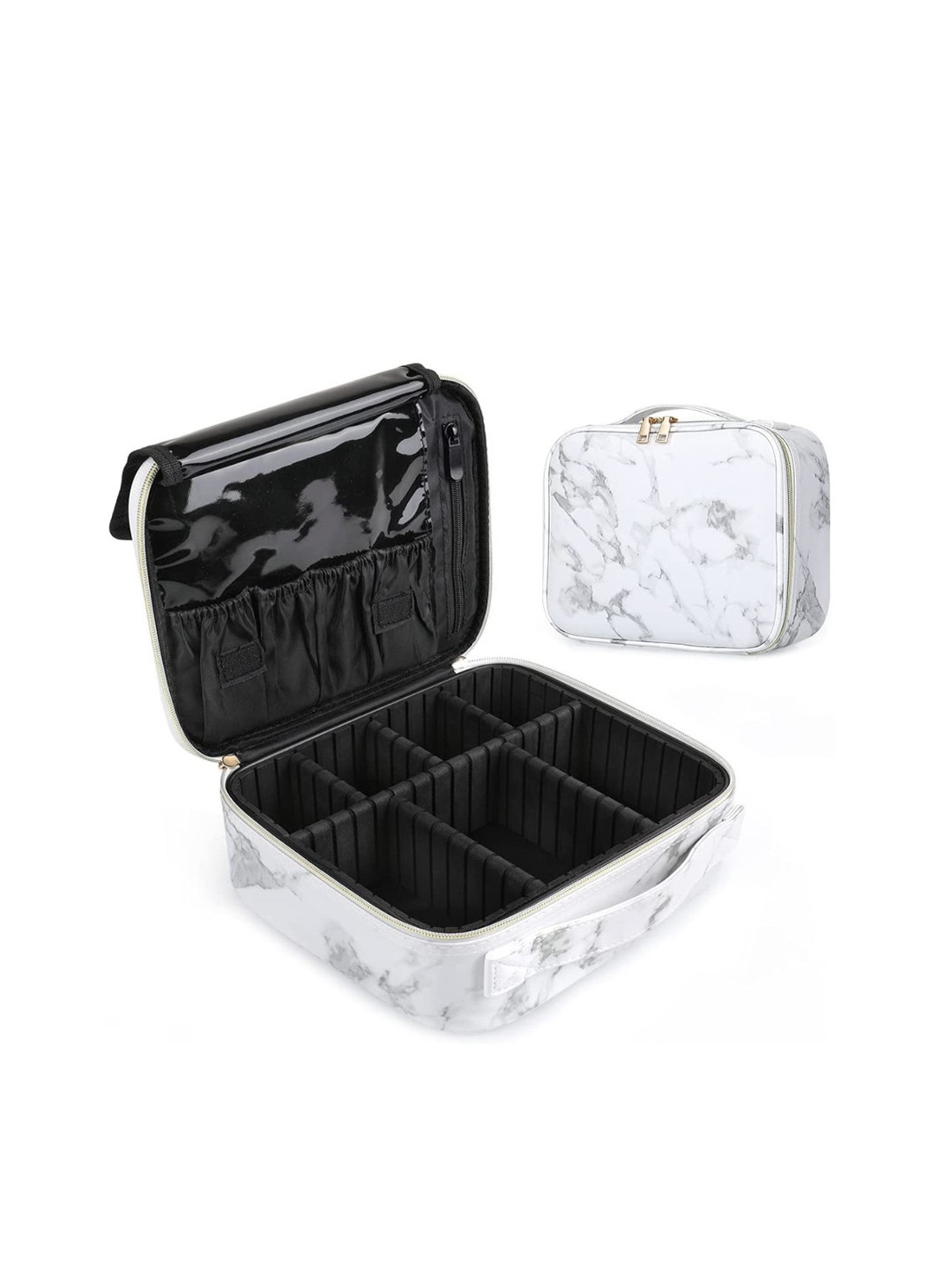 LACOPINE White Marble Printed 12 Inch 1 Layer Cosmetic Organizer Travel Makeup Bag