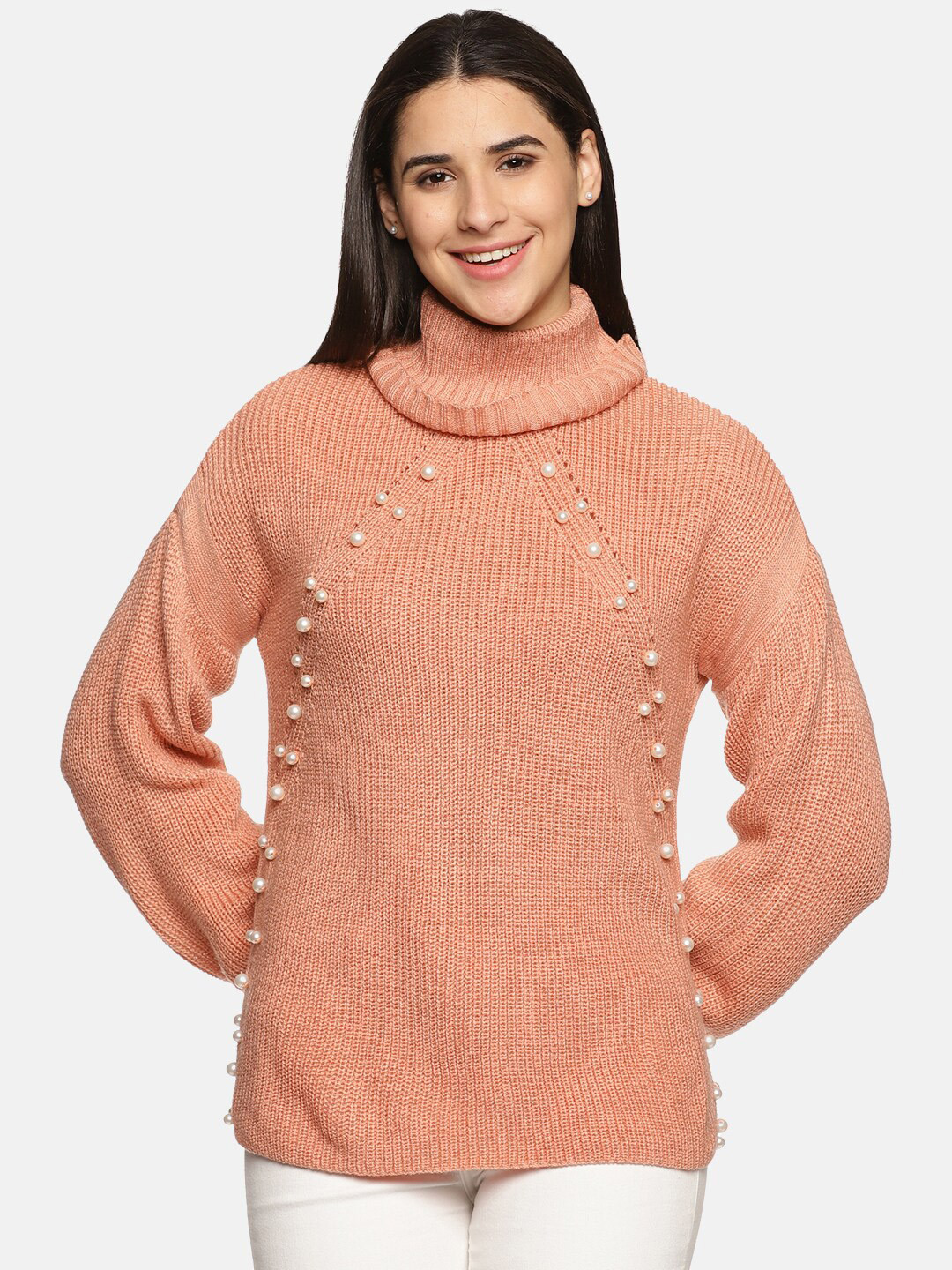 ISU Women Peach Cable Knit Pullover with Embellished Detail