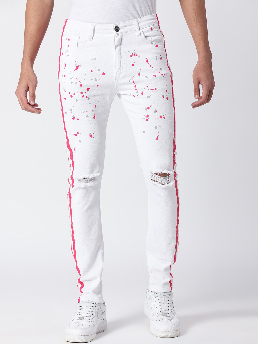 WAIMEA Men White Skinny Fit Slash Knee Printed Stretchable Jeans