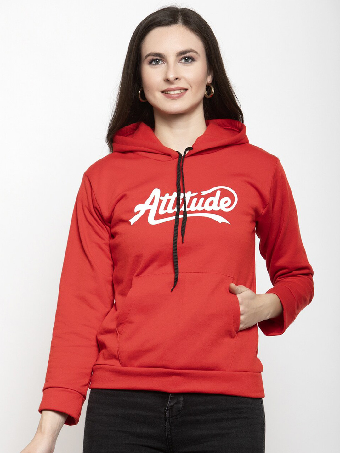 Purple State Women Red Printed Hooded Sweatshirt