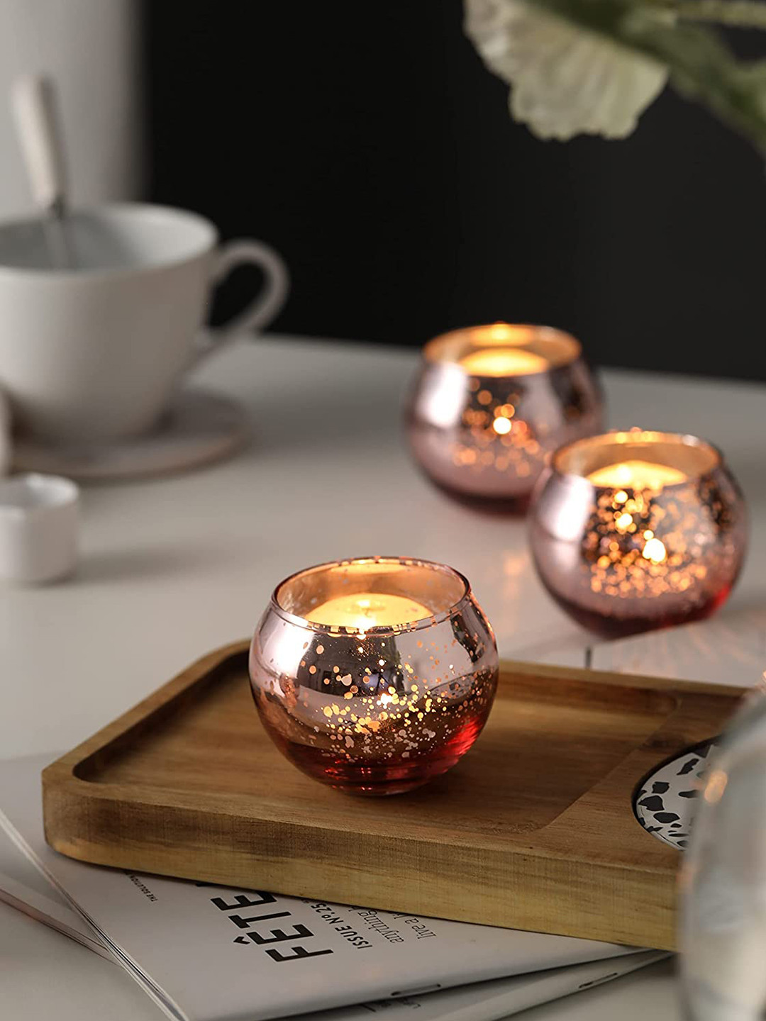 BS AMOR Set of 2 Rose Gold Textured Glass Tea Light Handmade Candle Holders