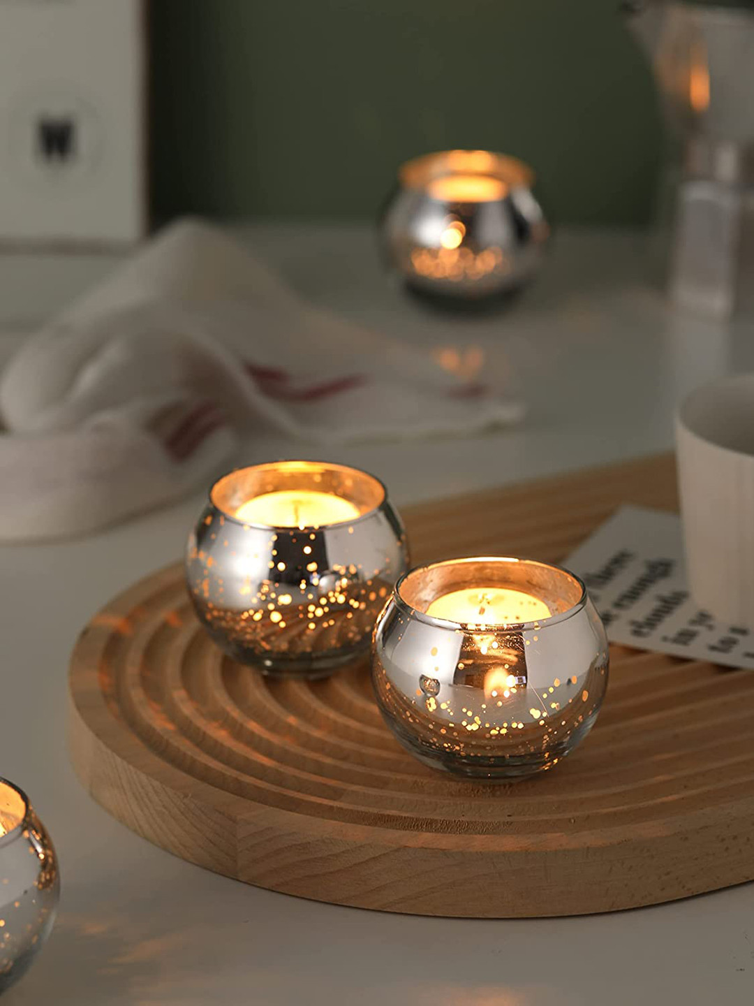 BS AMOR Set Of 2  Silver-Toned Textured Glass Tea Light Candle Holders