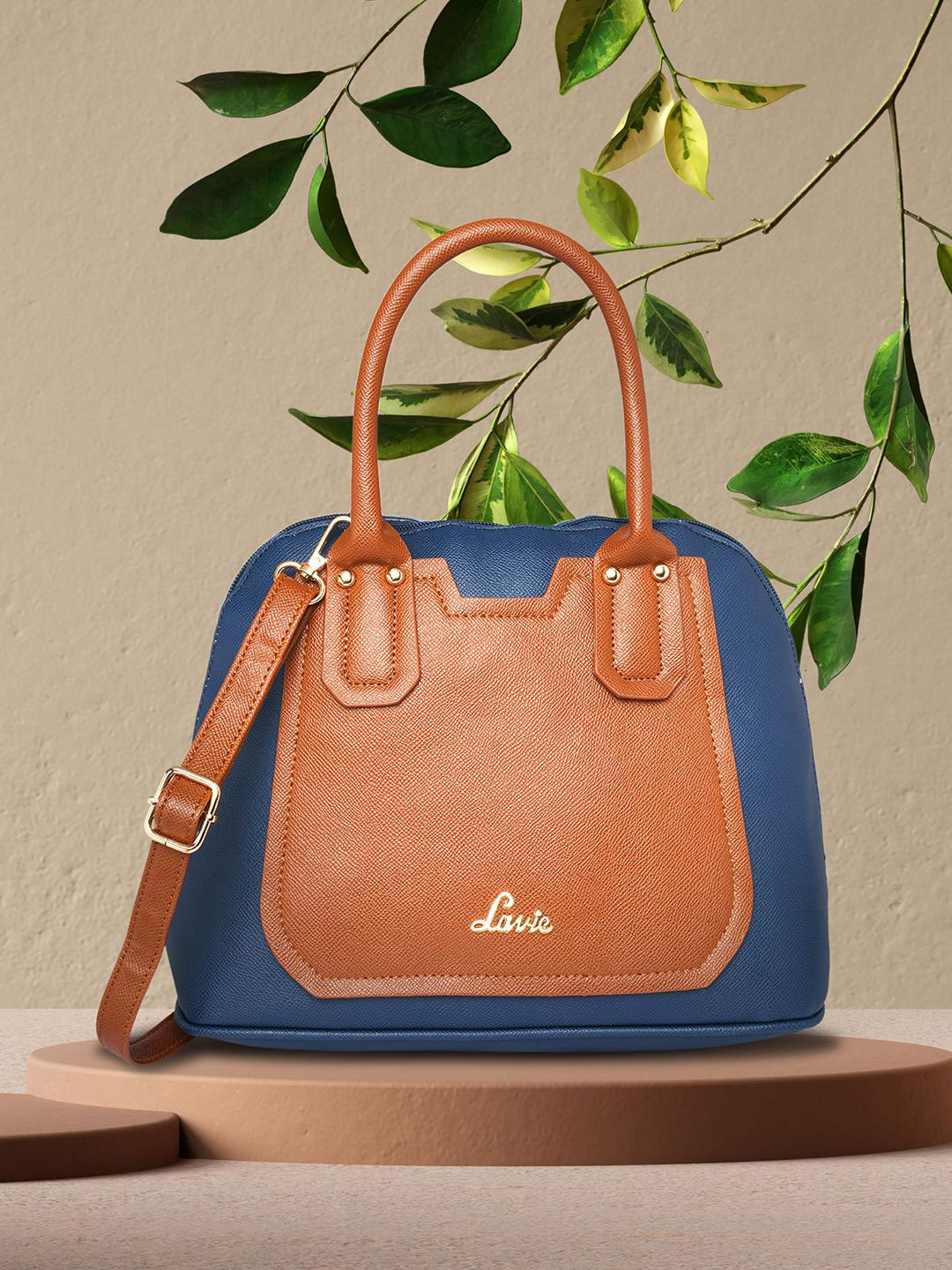 Lavie Navy Blue Colourblocked Structured Satchel