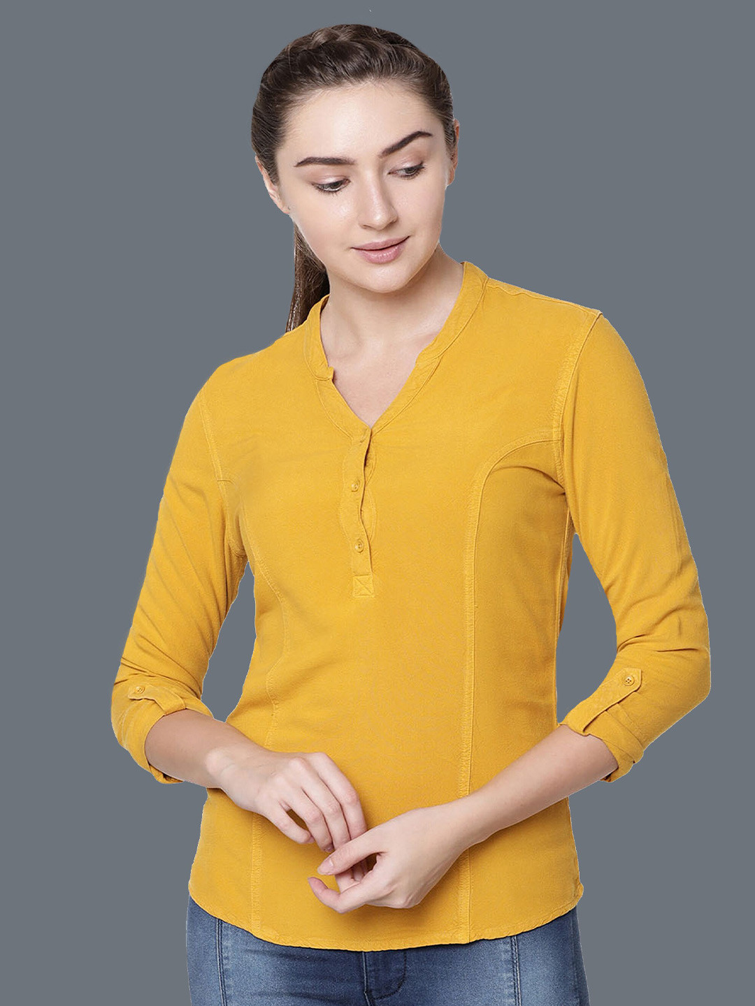 IDENTITI Mustard Yellow Mandarin Collar Roll-Up Sleeves Shirt Style Top