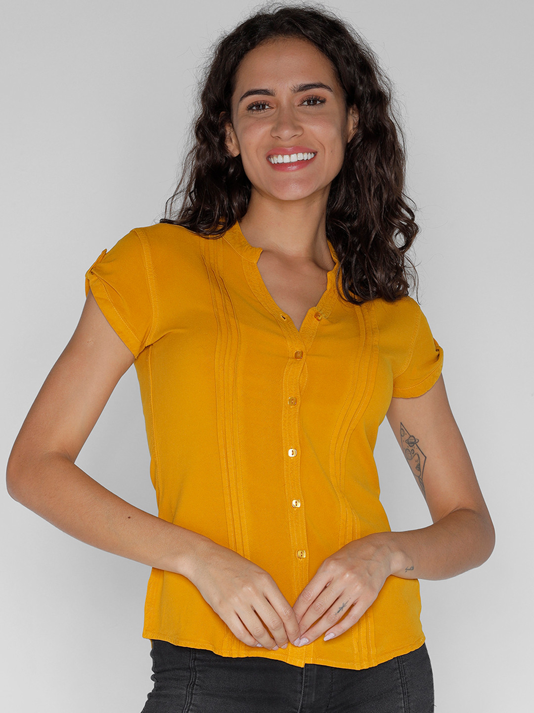 IDENTITI Mustard Yellow Mandarin Collar Roll-Up Sleeves Shirt Style Top