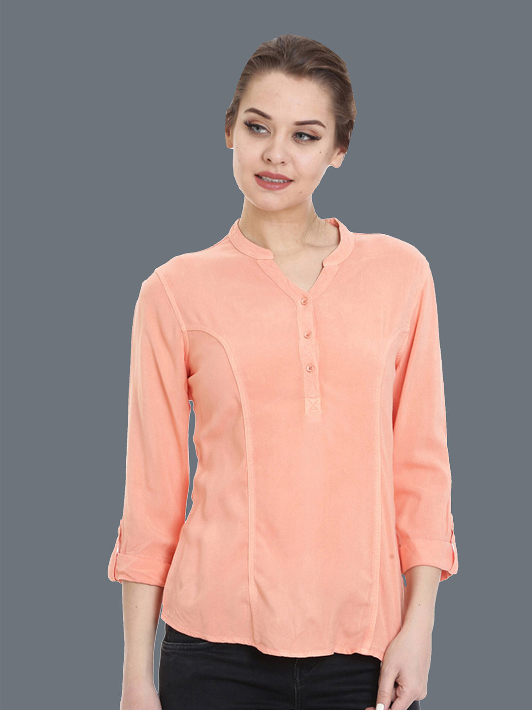 IDENTITI Peach-Coloured Mandarin Collar Roll-Up Sleeves Shirt Style Top
