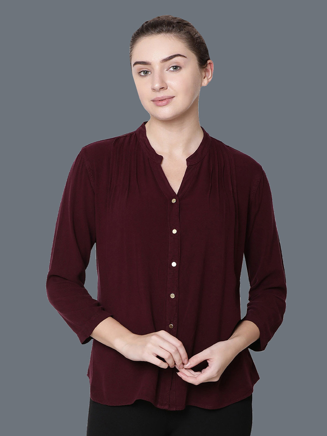 IDENTITI Maroon Mandarin Collar Shirt Style Top