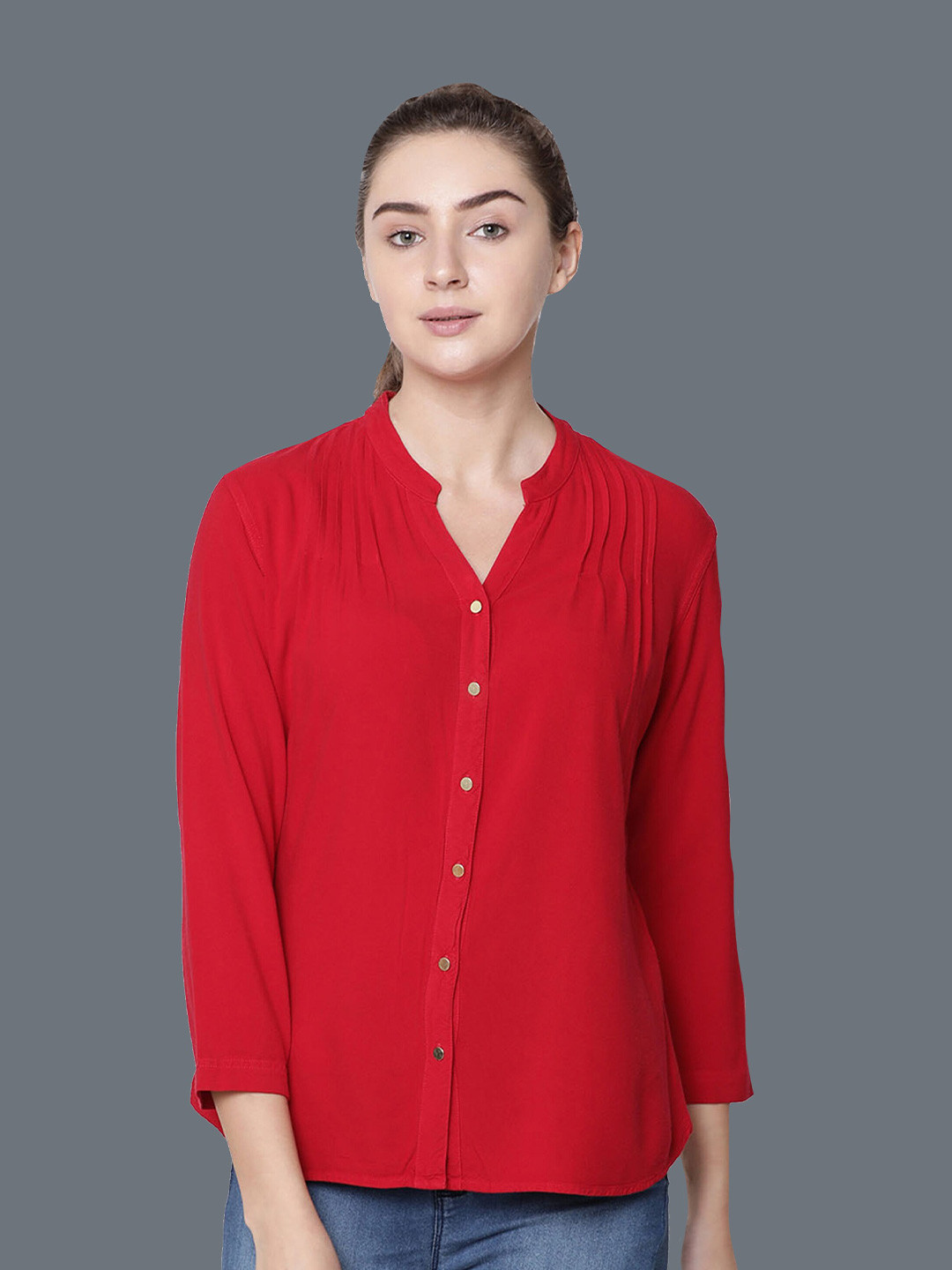 IDENTITI Red Mandarin Collar Shirt Style Top