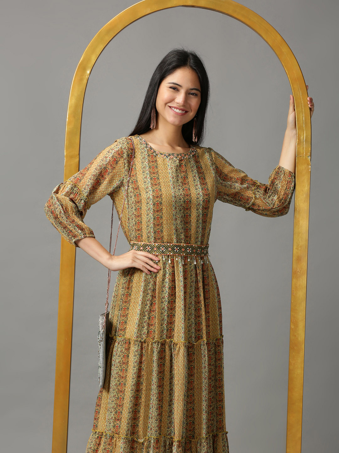 SHOWOFF Olive Green Ethnic Motifs Layered Chiffon Ethnic Maxi Dress