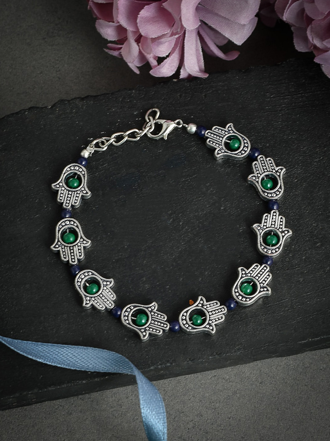 Silvermerc Designs Unisex Silver & Green Brass Oxidised Silver Plated Charm Bracelet