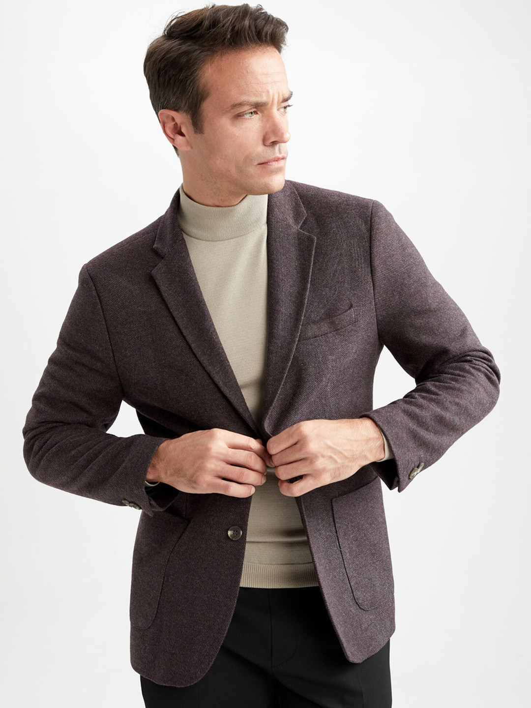 DeFacto Men Grey Self-Design Single-Breasted Blazer