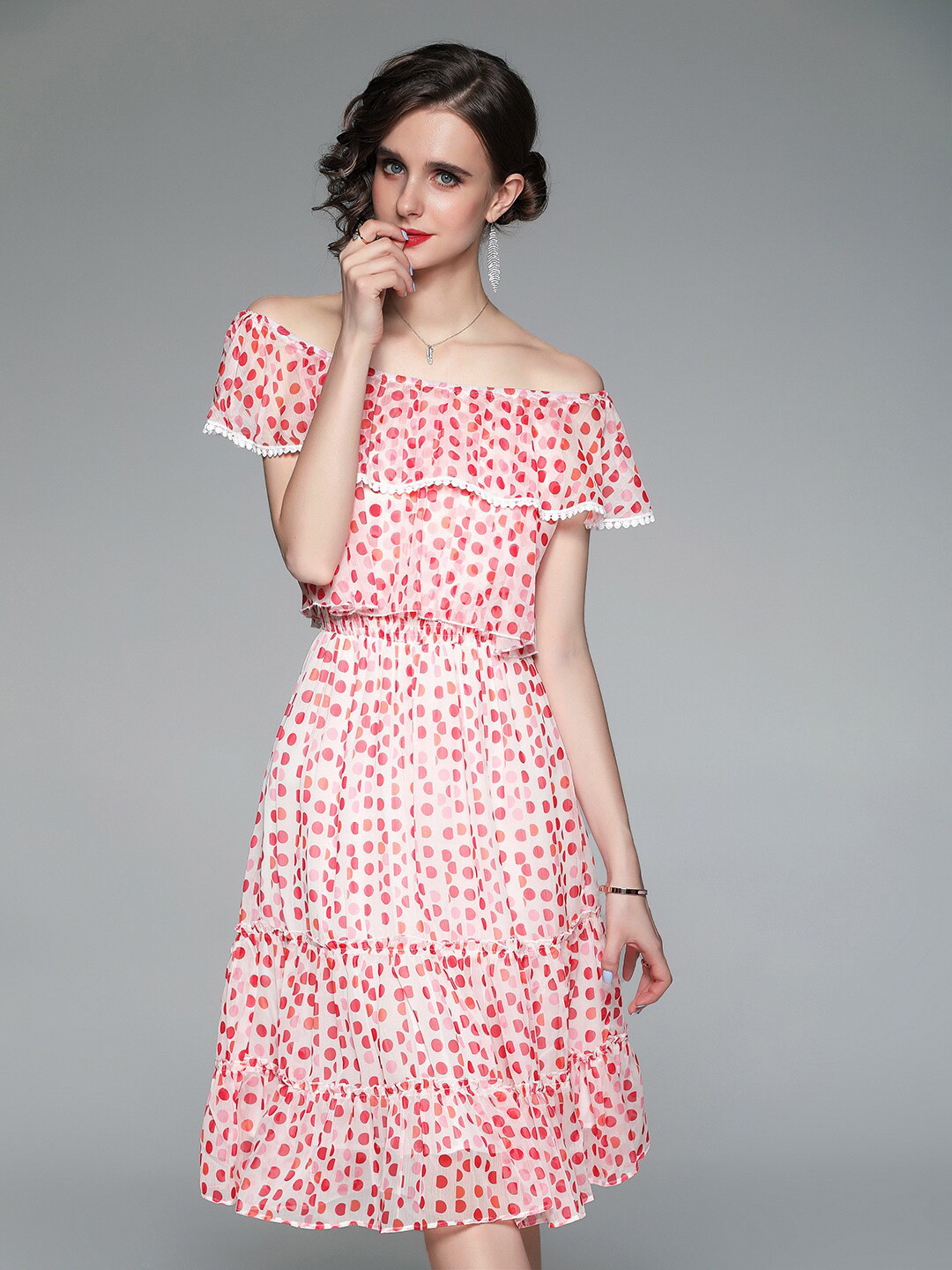 JC Collection Women White & Red Off-Shoulder Fit And Flare Dress