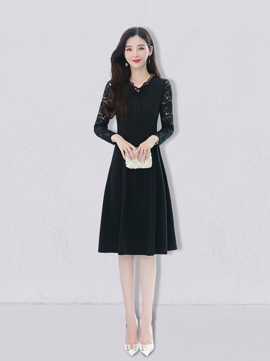 JC Collection Long Sleeves Fit and Flare Round Neck Dress