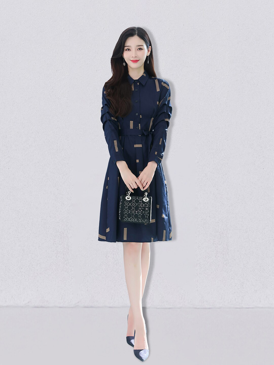 JC Collection Striped Long Sleeves Shirt Collar A-Line Dress
