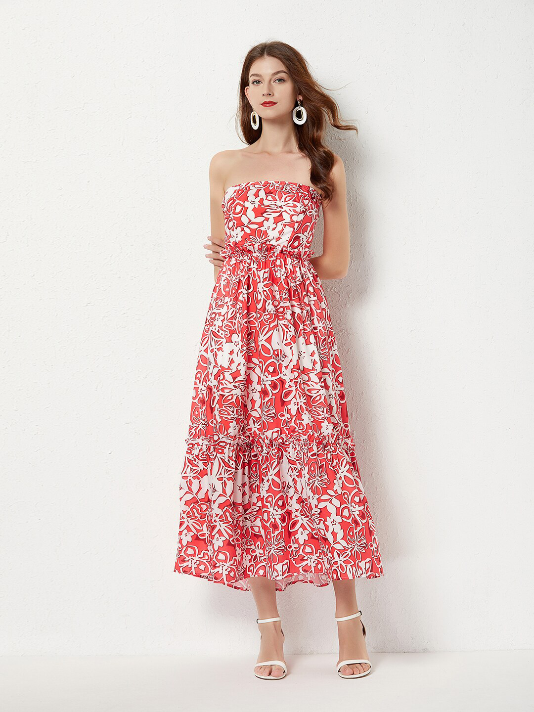 JC Collection Red & Off White Floral Maxi Polyester Dress