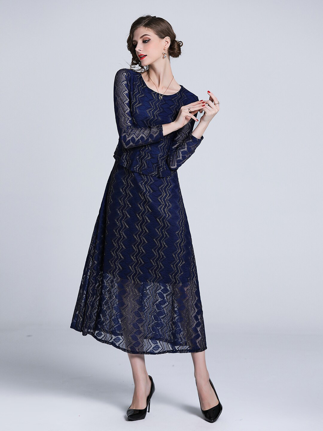 JC Collection Navy Blue Chevron Maxi Dress