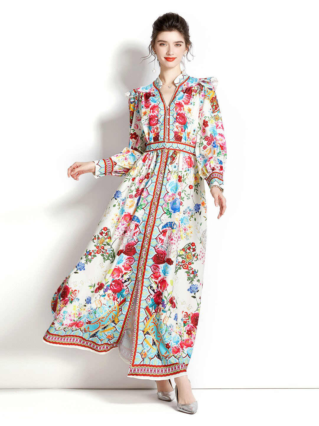 JC Collection Beige & Red Floral Maxi Polyester Dress