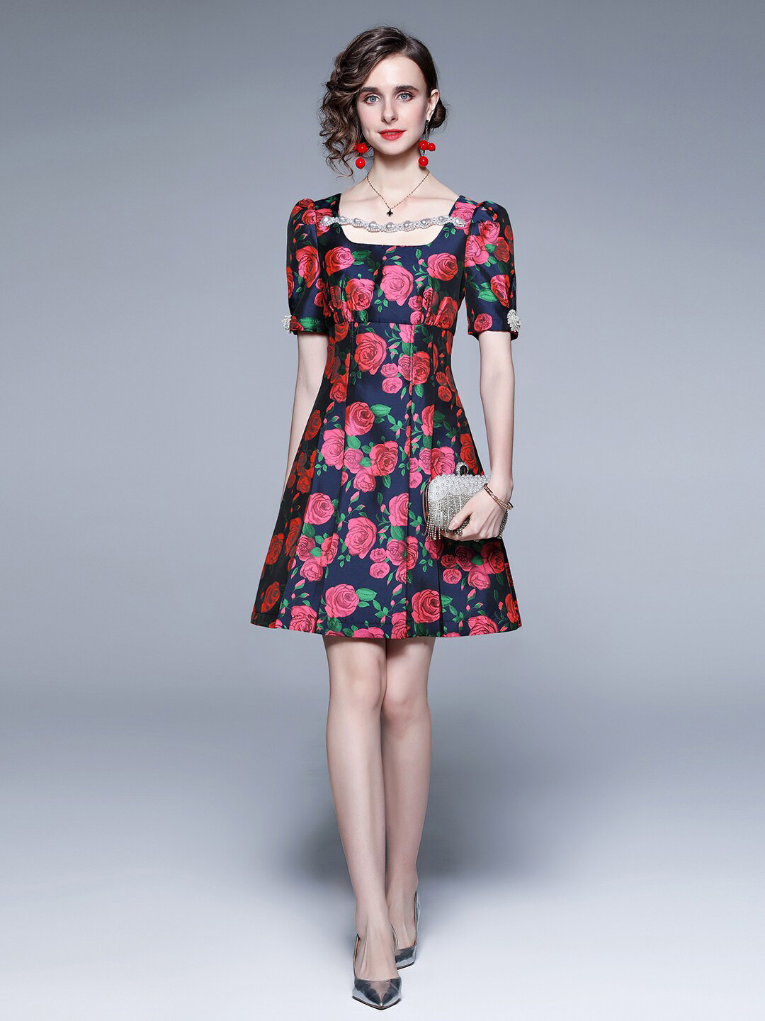 JC Collection Blue & Rose Floral Printed Dress