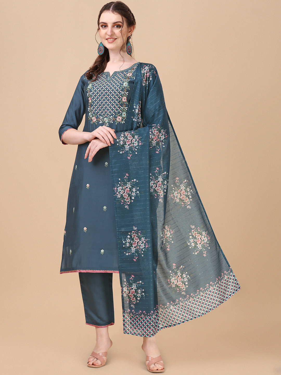 Berrylicious Women Teal Blue Embroidered Chanderi Cotton Kurta with Trousers & Dupatta
