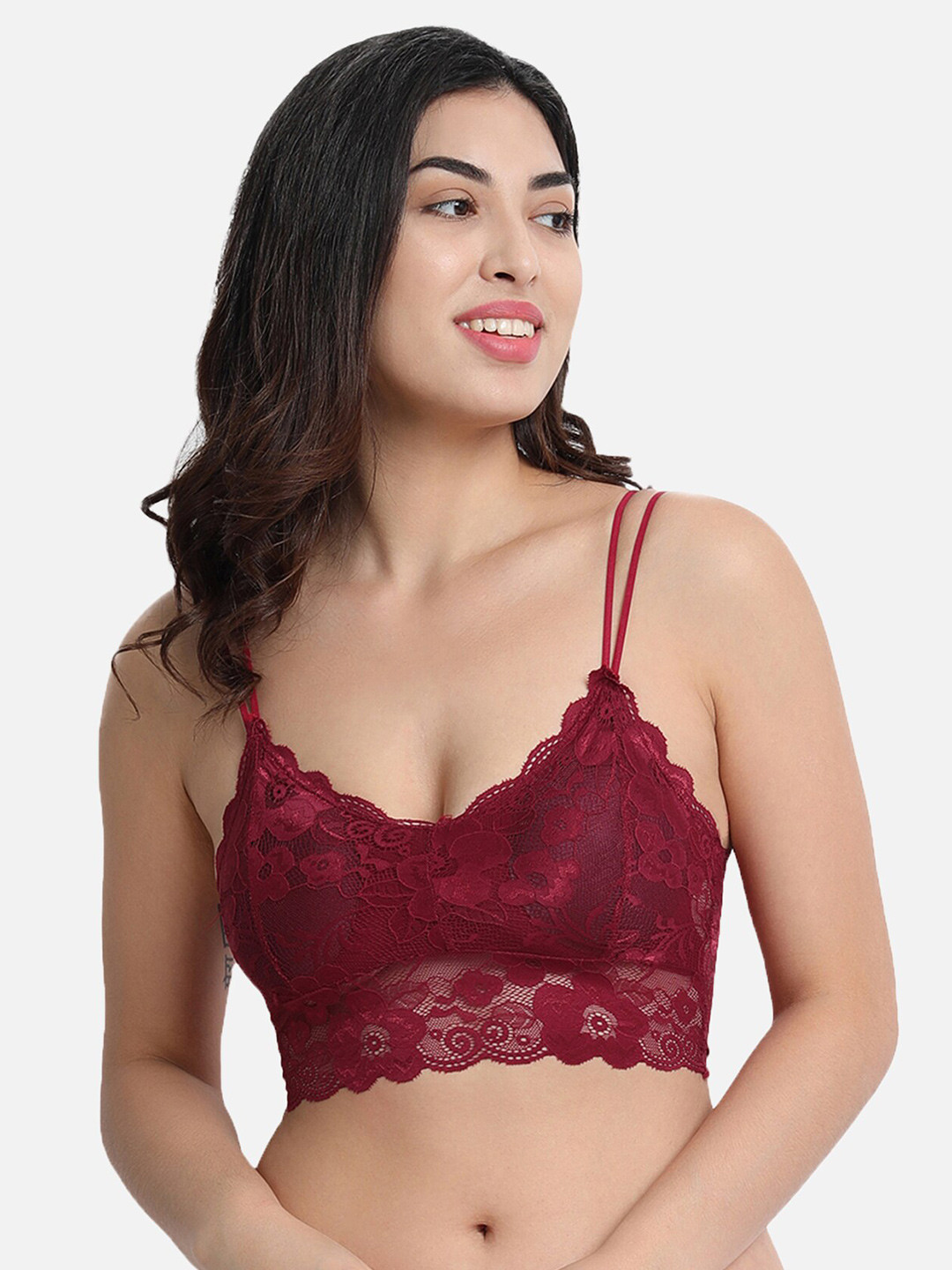 Flenzy Maroon Floral Removable Padding Bralette Bra