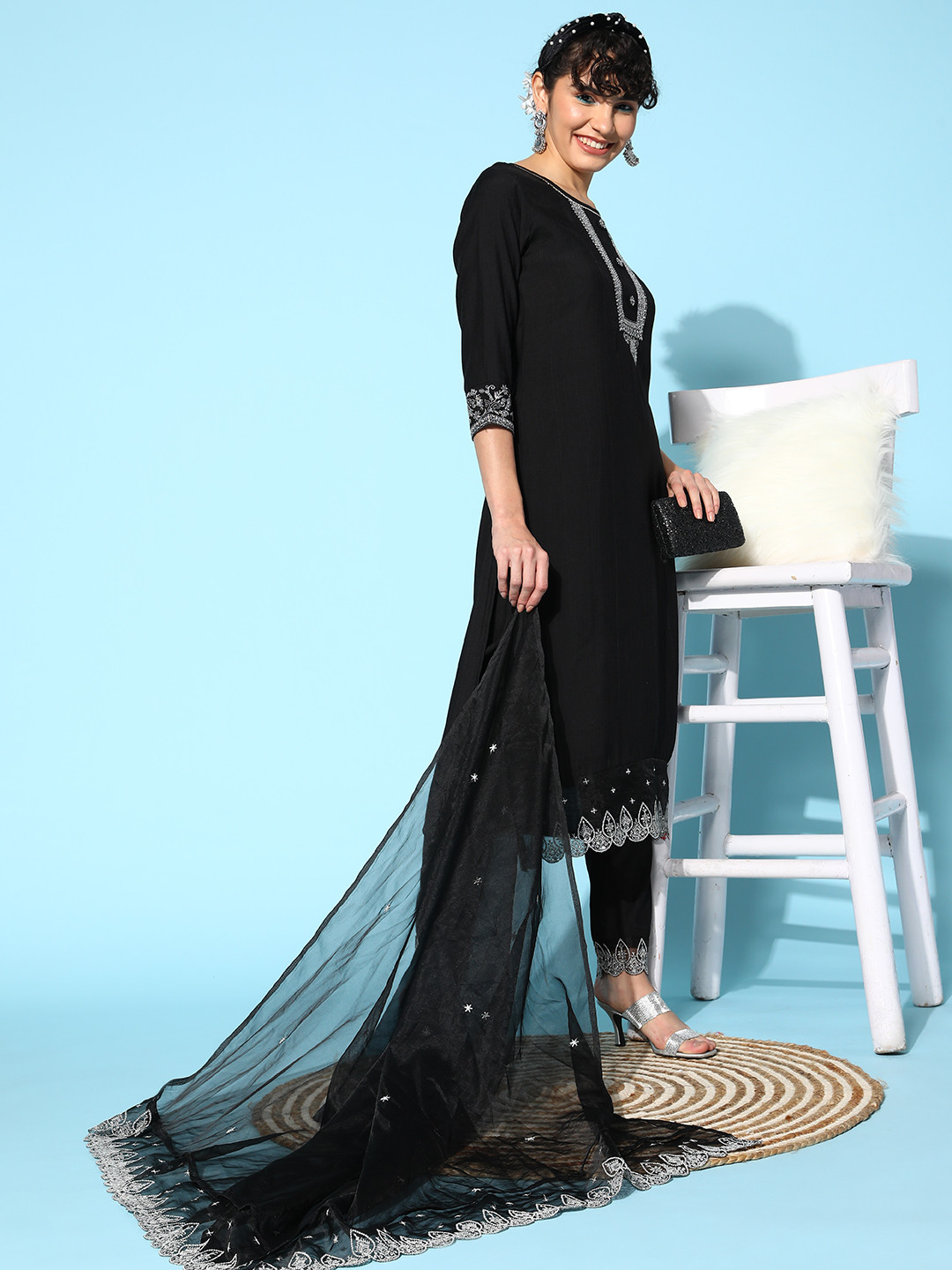 SheWill Women Black Yoke Design Sequinned Kurta with Trousers & With Dupatta