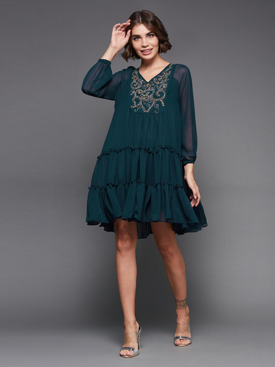 Miss Chase Teal Tiered A-Line V-Neck Dress