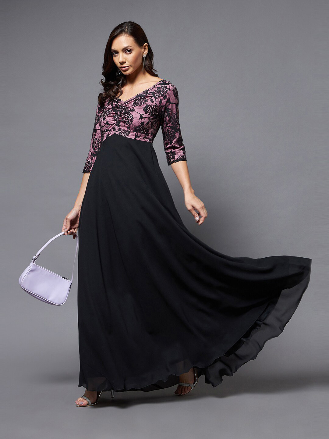 Miss Chase Black & Lavender Floral Maxi Dress