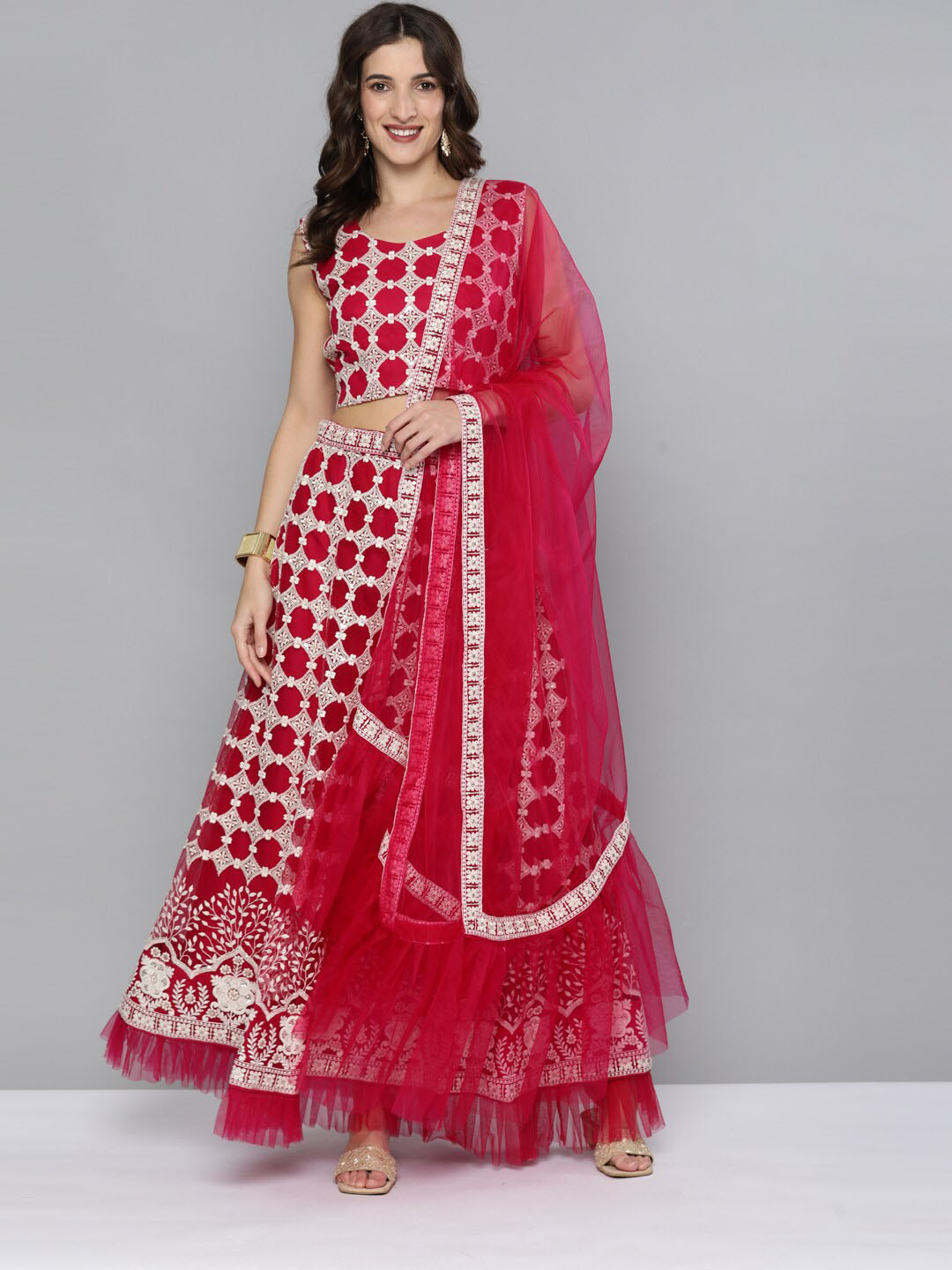 Kvsfab Pink & White Embroidered Thread Work Semi-Stitched Lehenga & Blouse With Dupatta