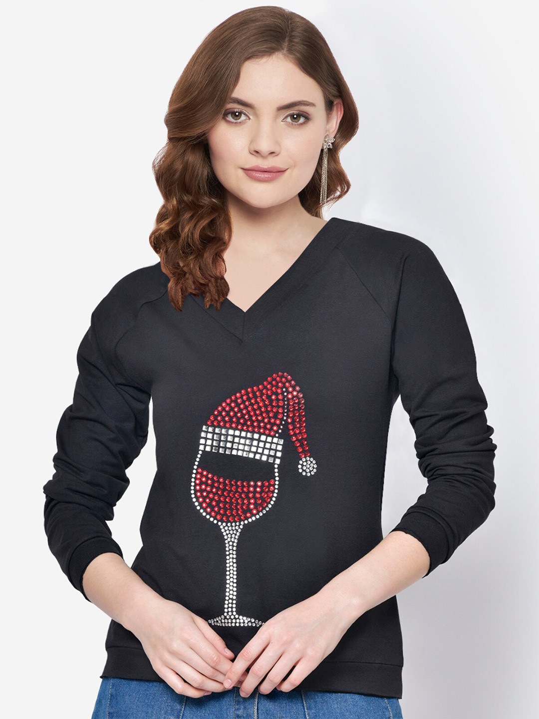 Martini Women Black & Red Embellished V-Neck Sweatshirt