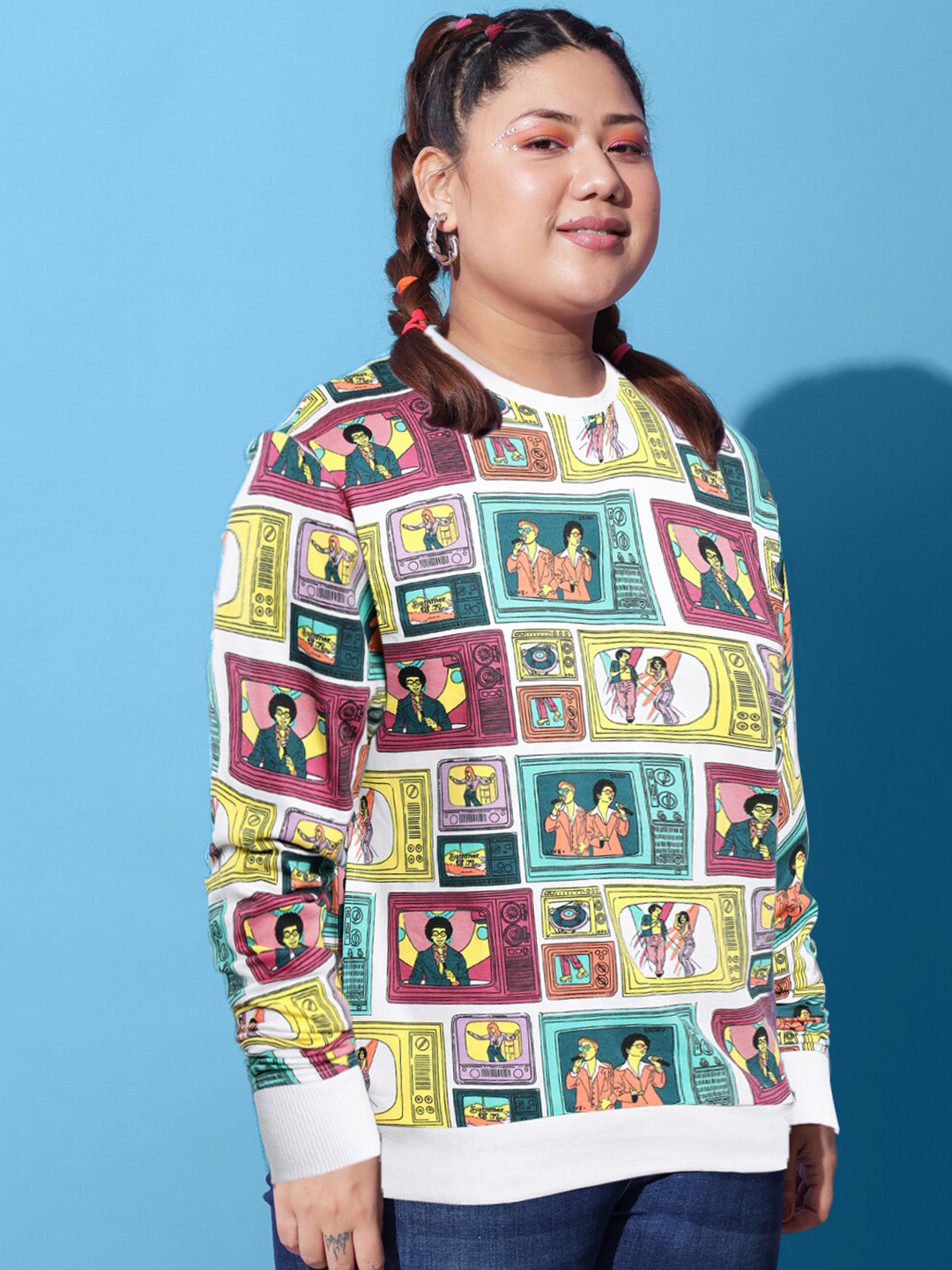 BEYOUND SIZE - THE DRY STATE Women Plus Size White Printed Fleece Sweatshirt