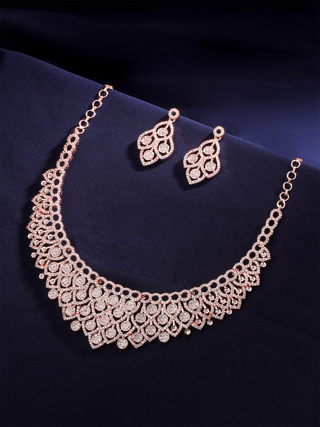 Yellow Chimes Rose Gold-Plated American Diamond Studded Jewellery Set