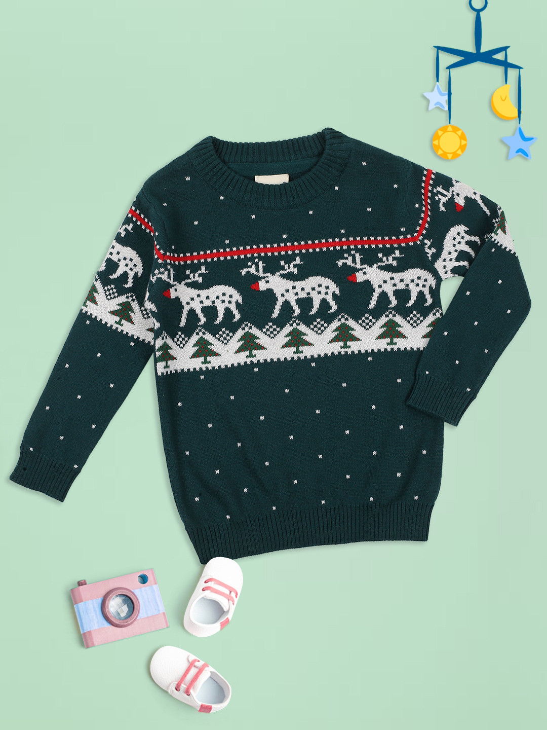 MeeMee Kids Green & White Printed Wool Round Neck Pullover