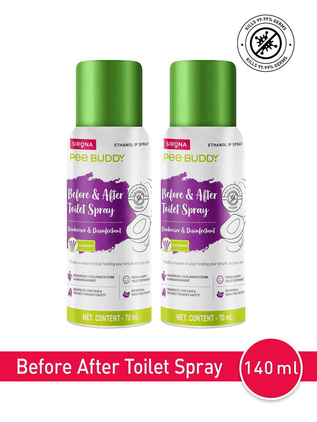 PEEBUDDY Set of 2 Lavender Before & After Toilet Seat Sanitizer Spray - 70 ml each