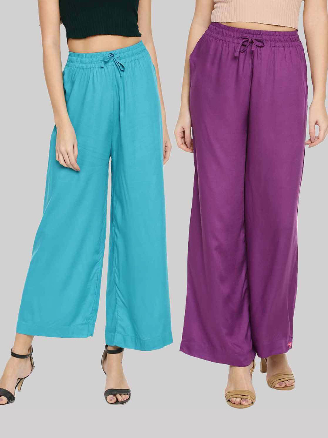 TWIN BIRDS Women Blue & Purple Pack of 2 Solid Palazzos