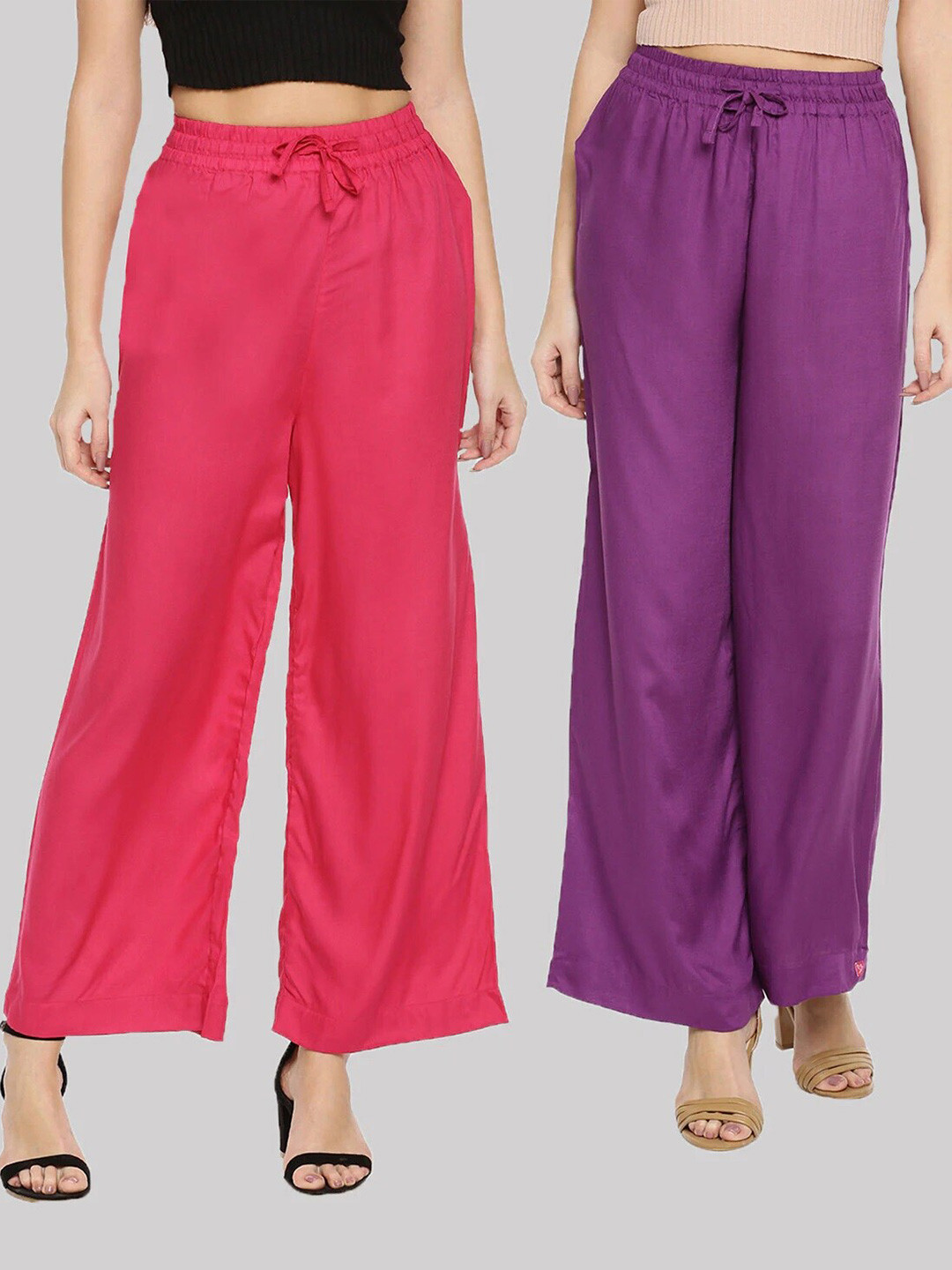 TWIN BIRDS Women Pink & Violet Pack of 2 Solid Palazzos