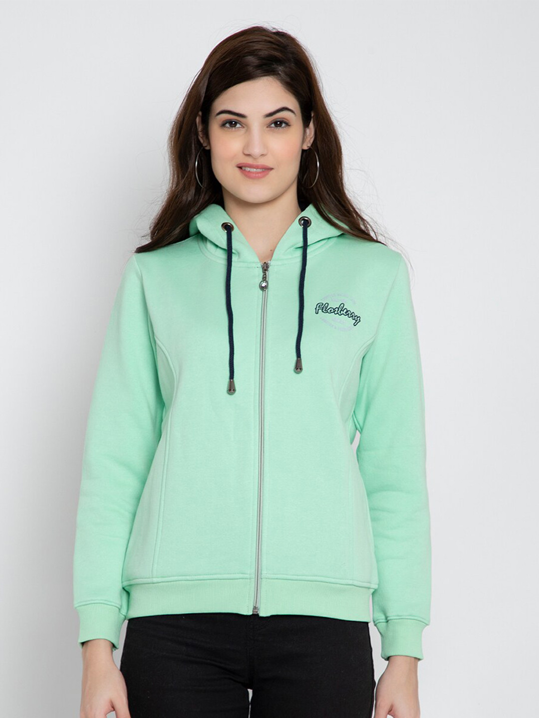 FLOSBERRY Women Sea Green Fleece Hooded Sweatshirt