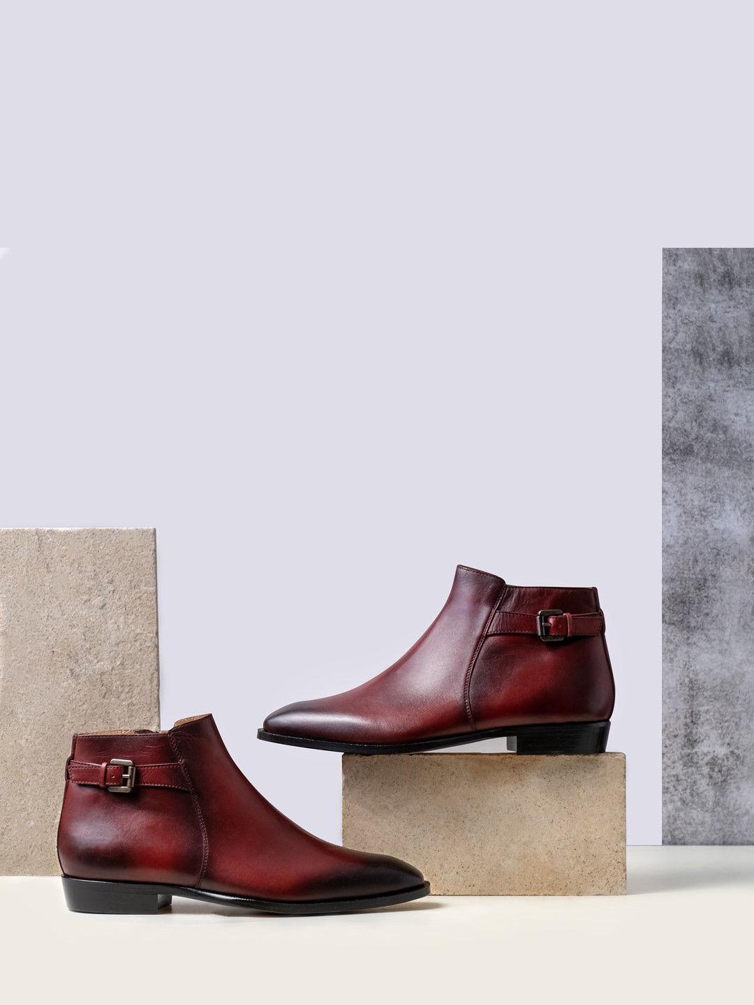 Saint G Men Red Textured Ankle-Length Leather Boots
