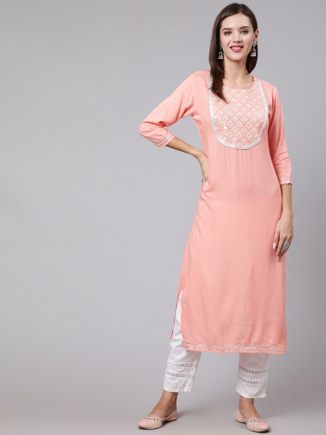 GLAM ROOTS Women Peach Yoke Design Thread Work Kurta