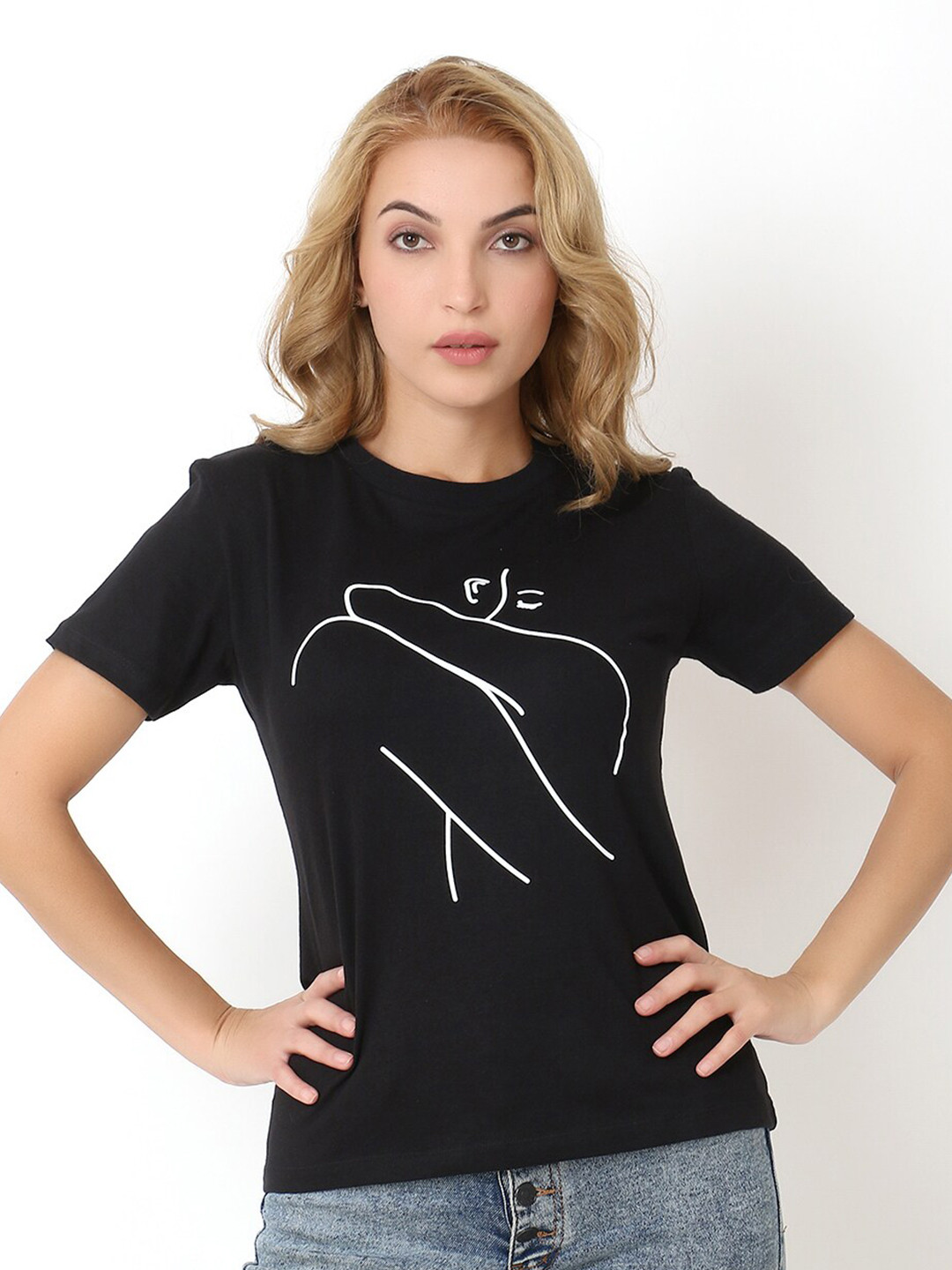 Again fashions Women Black Printed Cotton T-shirt