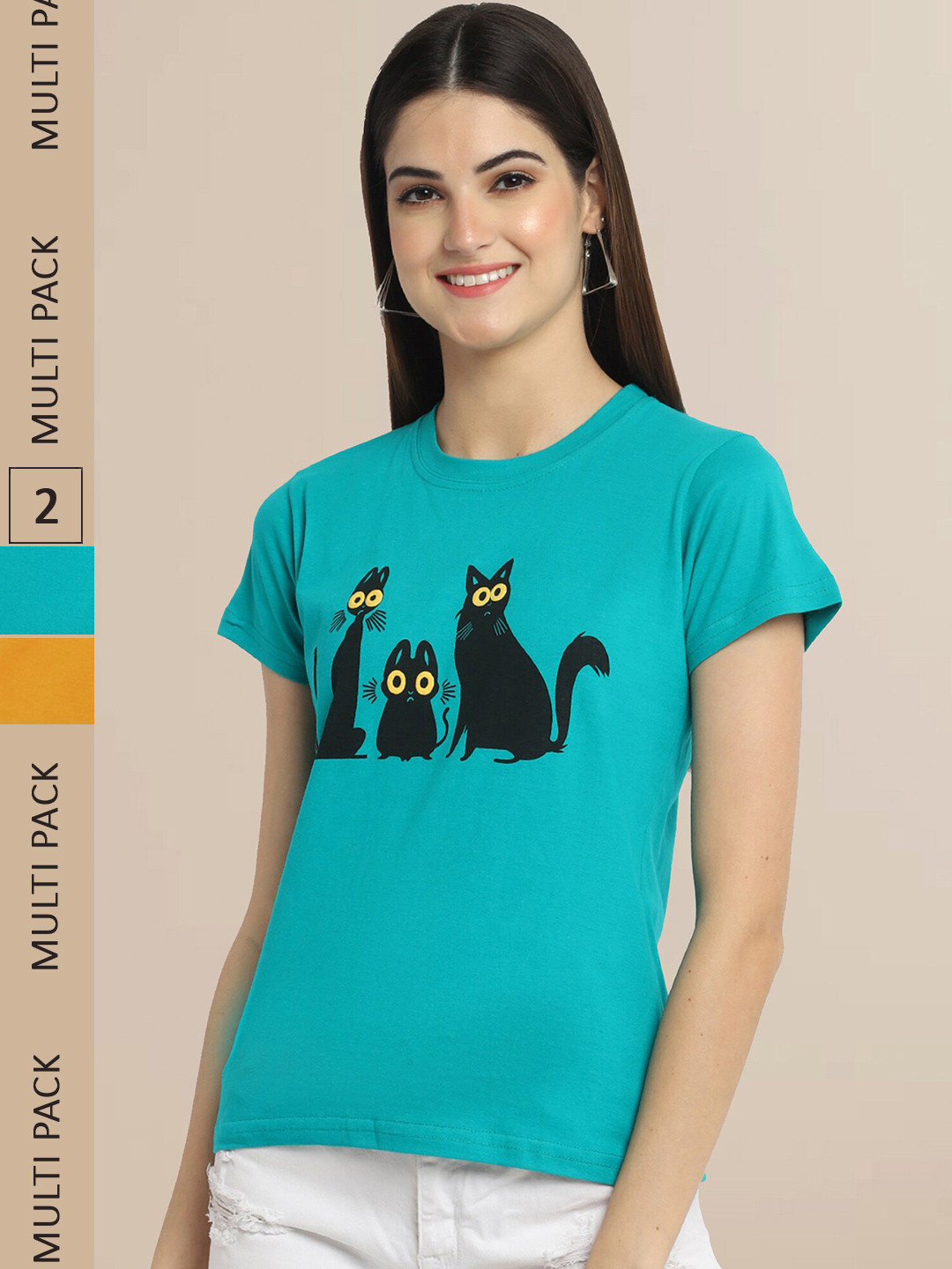 Fabflee Women Teal & Mustard Yellow Pack Of 2 Printed Cotton T-shirts
