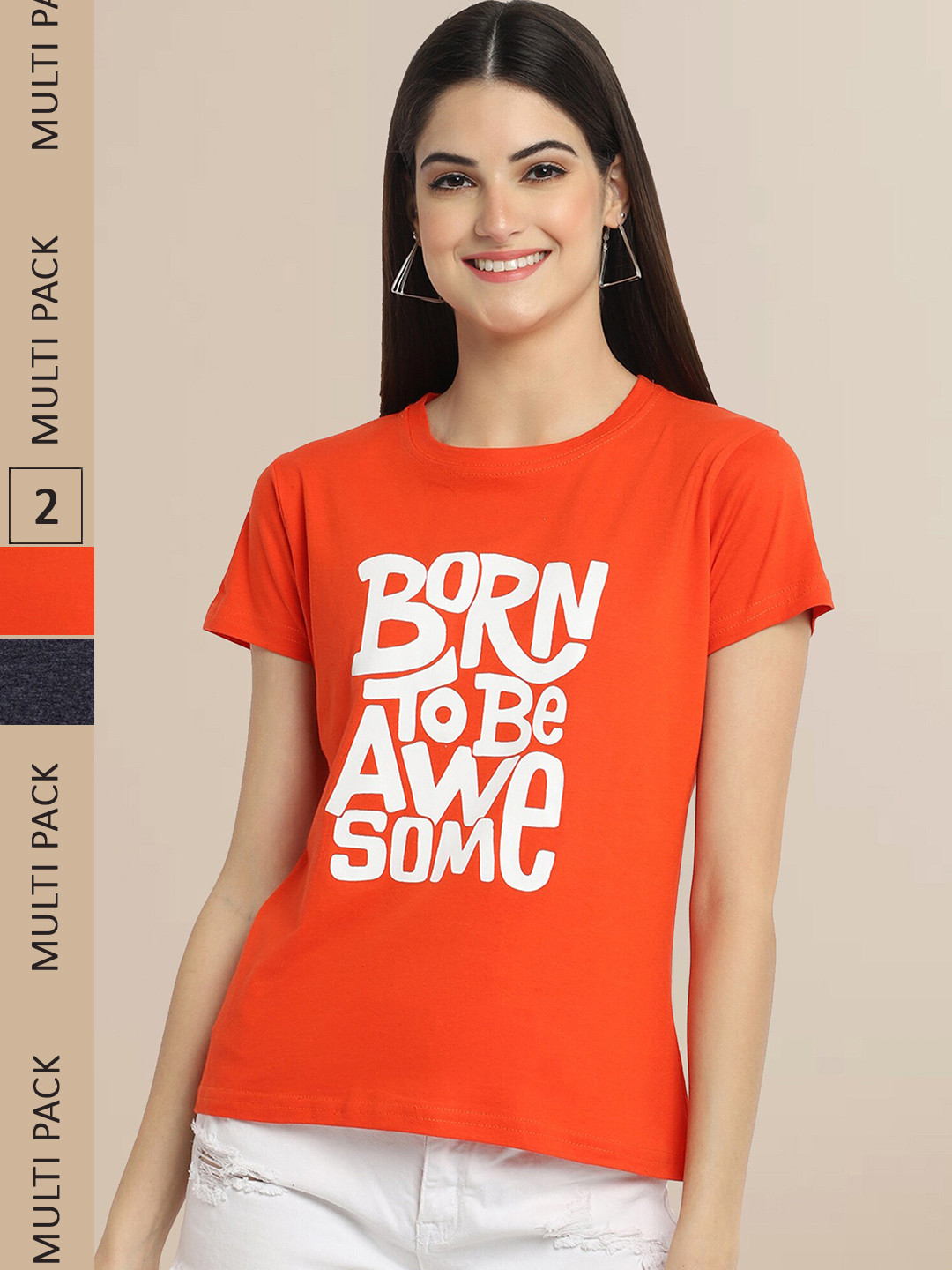 Fabflee Women Orange & Grey Pack Of 2 Printed Cotton T-shirts