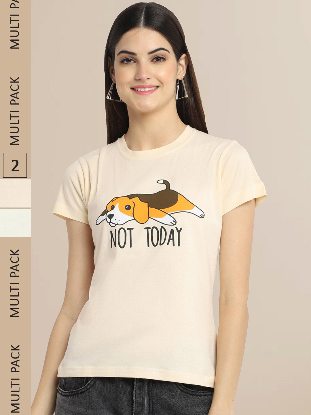 Fabflee Women Cream-Coloured & Off White 2 Printed T-shirt